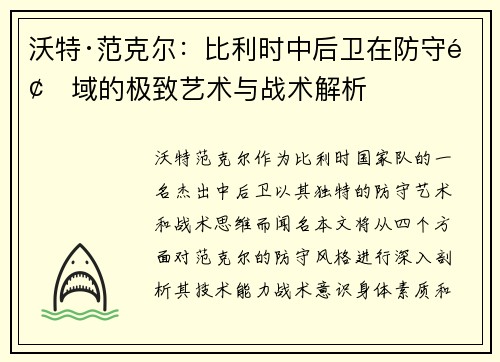 沃特·范克尔：比利时中后卫在防守领域的极致艺术与战术解析